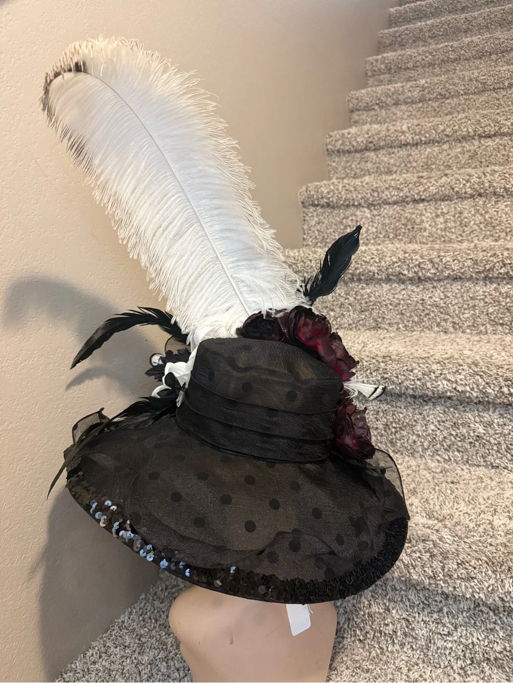 Elegant Black and White Feathered Floral hat blazing